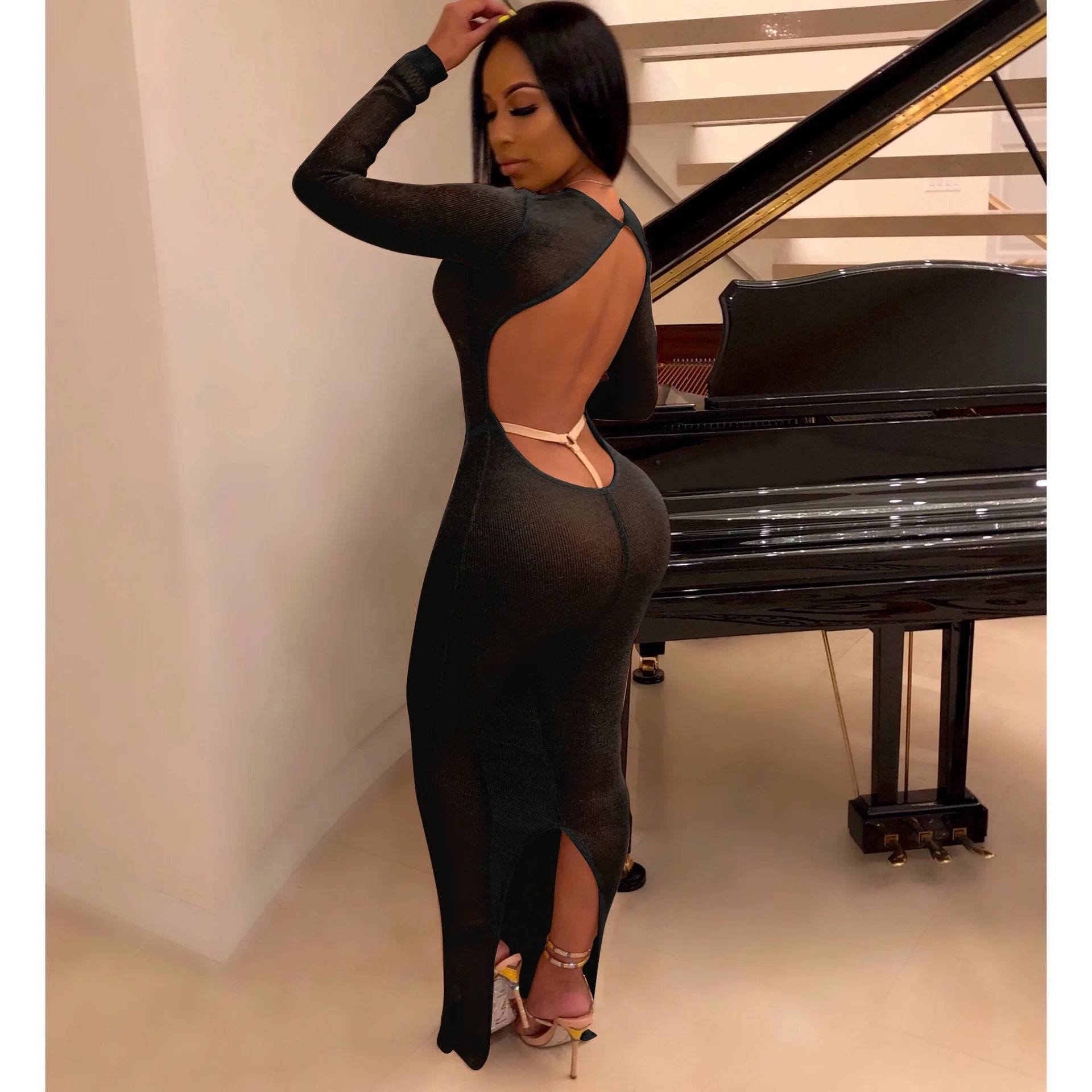 

BKLD Sexy Bodycon Dress 2019 Fall Fashion Women Black Long Sleeve Dress Elegant Backless Clubwear Party Long Dress Women