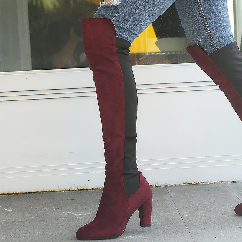 

Winter Thigh High Boots Women Over The Knee Boots Long Sexy Black Booties Stretchable Block Heels Size 34-43 Feminino Zapatos