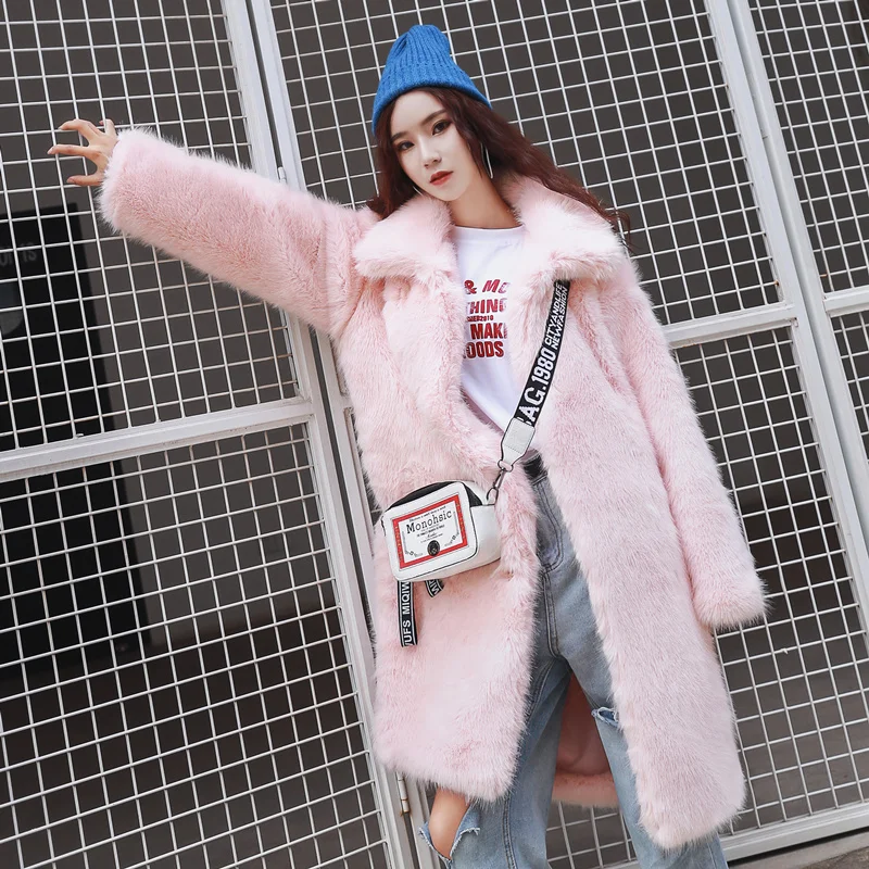 

2019Winter Faux Fur Coat Women Cute Pink Plush Jacket Coat Warm Lapel High Imitation Fox Fur Coats Long Thick Korean Fur Outwear
