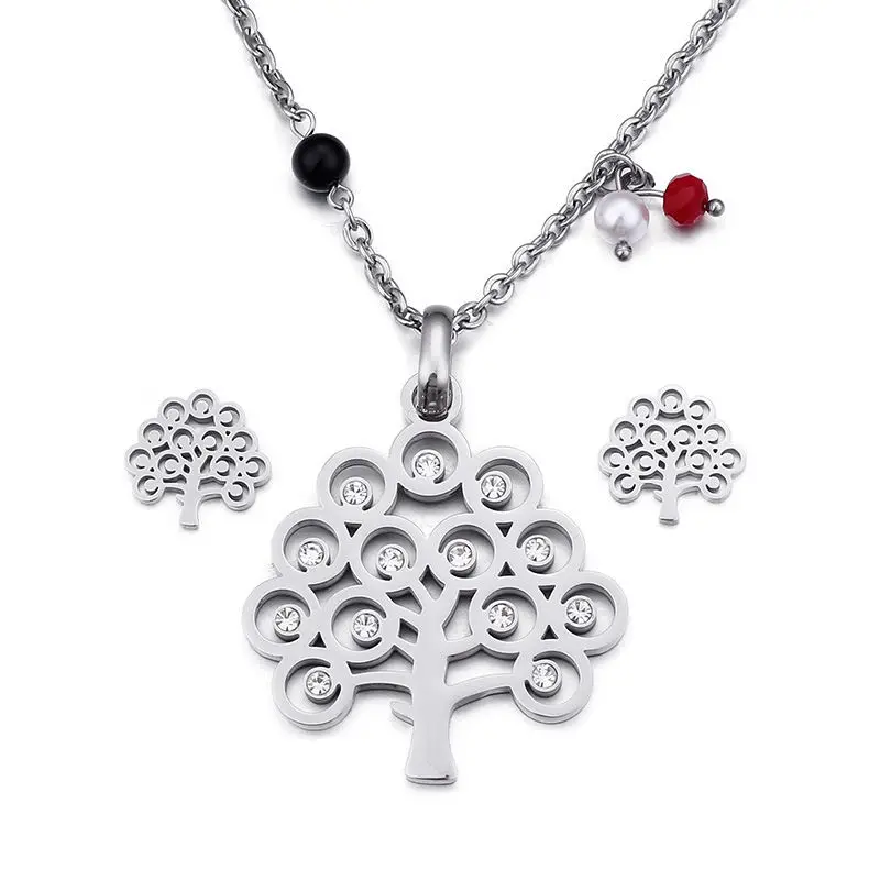

High Quality Titanium Steel Necklace Stud Earring Set Christmas Tree Clear Rhinestone Fashion Jewelry 60cm Long, 1.5cm, 1 Set