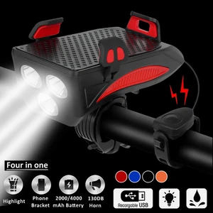 4 in1 bicycle light usb charging lighting cycling phone holders led headlight horn bell mtb power bank for bike accessories free global shipping
