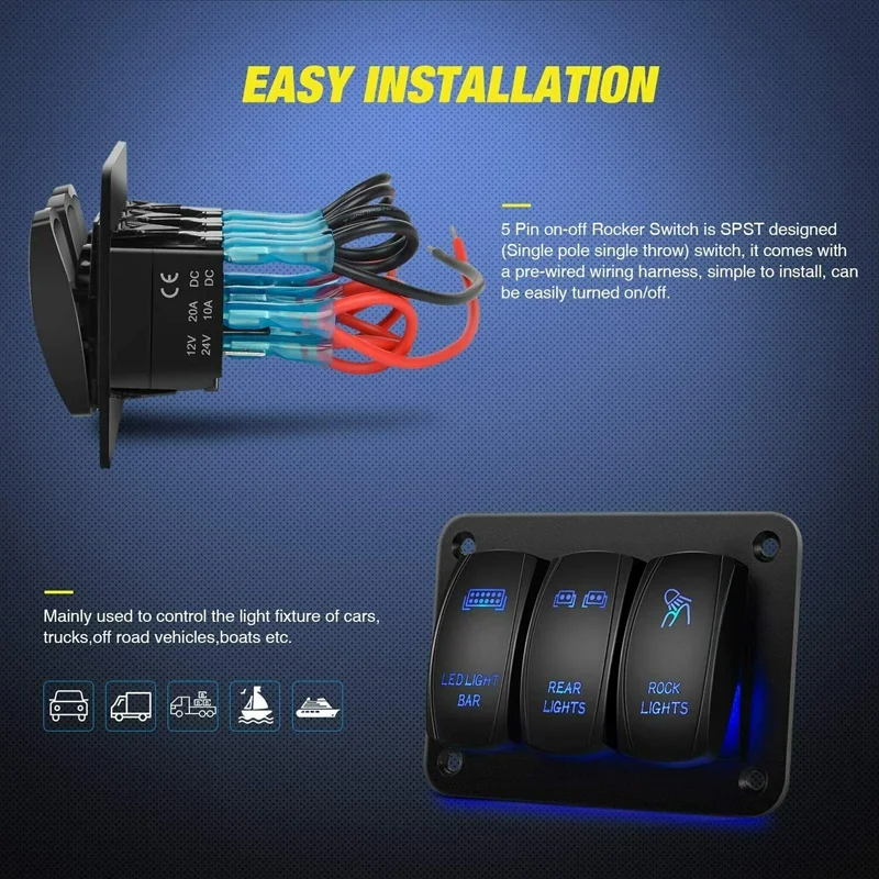 

3 Gang Toggle Blue LED Light Rocker Switch Panel for Car Marine Boat Waterproof 12V