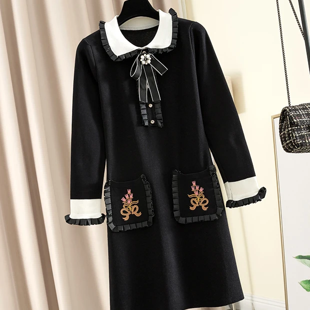 Trytree Autumn Winter Women Dress Casual Peter pan Collar Bow Embroidery Pocket Shirt Dresses Knitting Black Straight Mini Dress - Цвет: Black-Long Sleeve