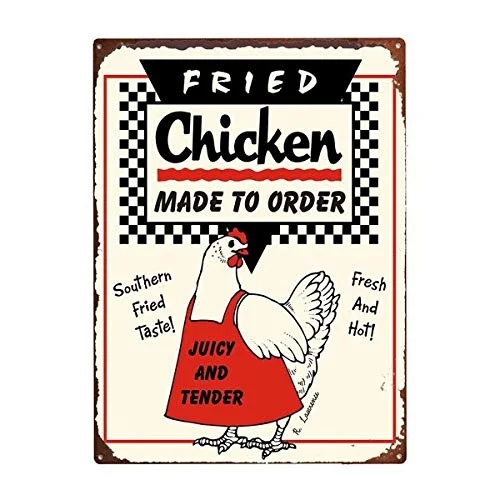 

Fried Chicken Made to Order Kitchen Rooster Chicken Farm Barn Coop Retro Vintage Tin Sign Bar Pu