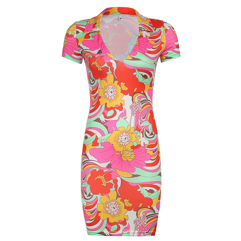 

2021 New Women's Skirt Fashion Color Printing Lapel Short-sleeved V-neck Dress Female Base Skirt