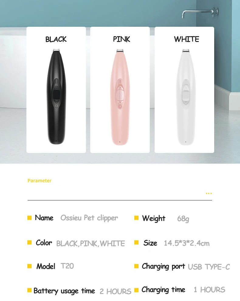 

USB Rechargeable Dog Grooming Clipper Cordless Cat Clipper Low Noise Electric Pet Trimmer for Trimming The Hair Around Paws&Eyes