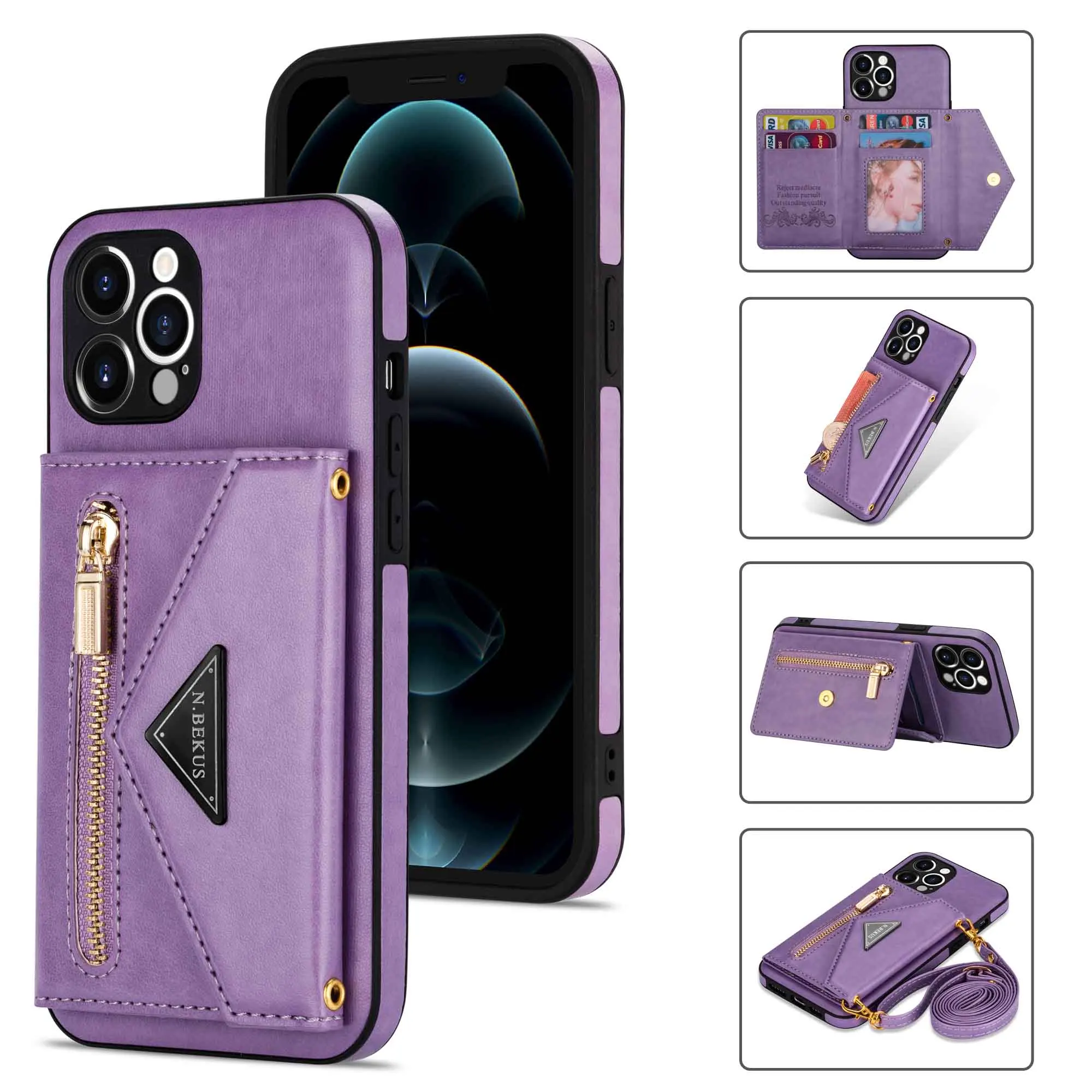 

For iPhone 13 Case Luxury Neck Strap Zipper Pocket Leather Card Holder Phone Cover Case for iPhone 13 Pro Max 13 Mini Funda