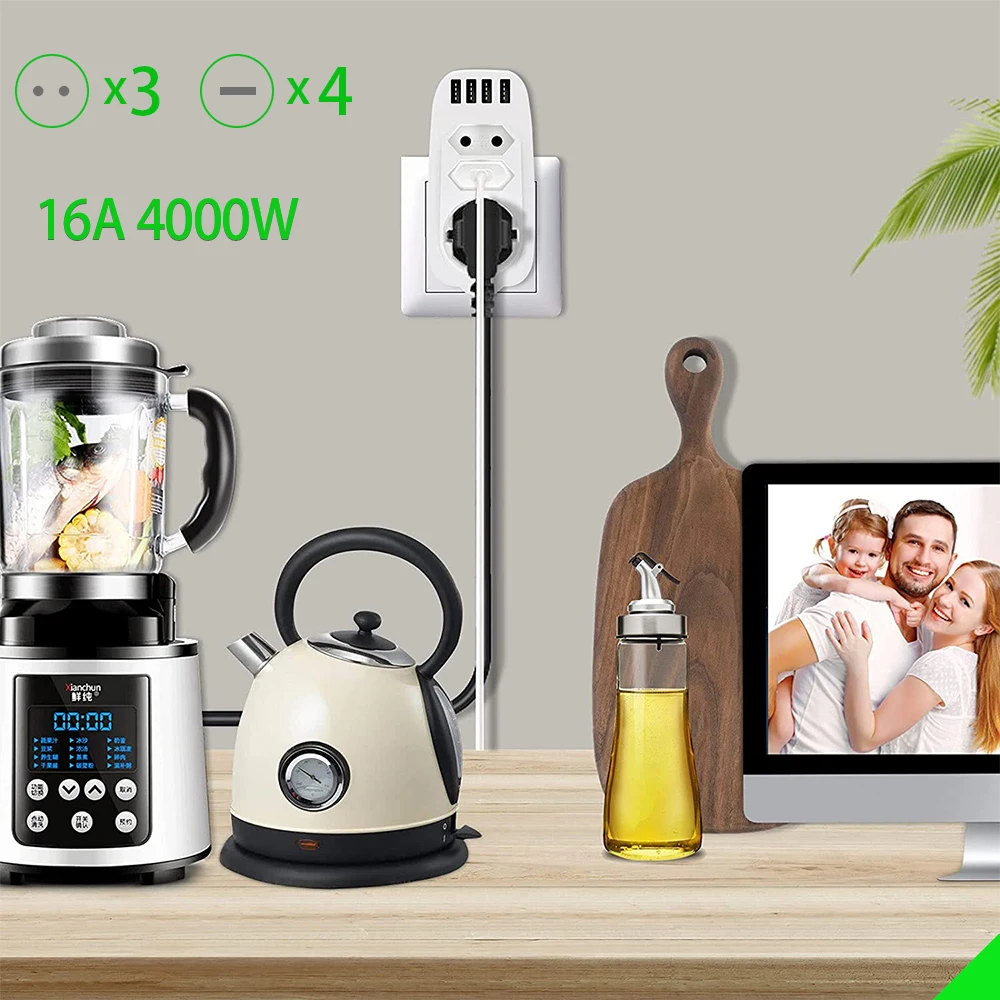 16A EU Plug Wall Socket With USB 7 in 1 Strip Outlet plug adapter 3AC 4USB Charger For Phone Ipad |