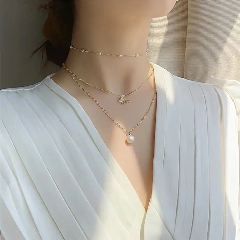 

Korean Zircon Butterfly Choker golden aesthetic Necklace For Women Multi Layer Pearl Short chain Collares kpop Jewelry Kolye