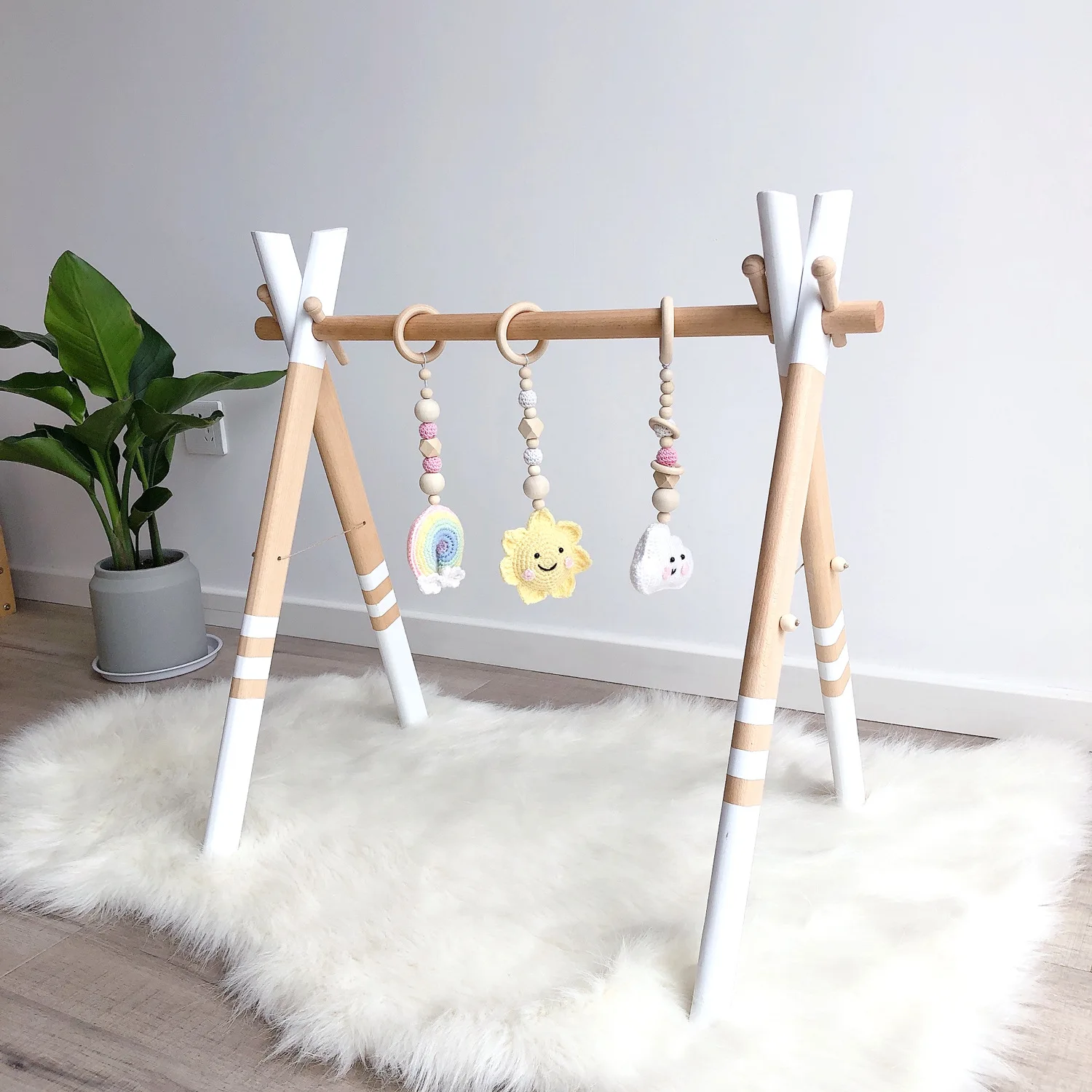 3PC Baby Gym Wood Crochet Cloud Sun Teething Toy Play Gym Set Toys For Newborn Kids Room Hanging Pendant Decor Baby Shower Gift