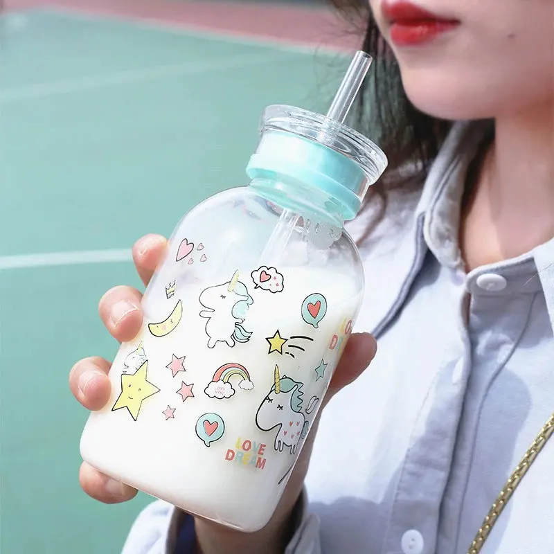 

Water Bottle with Straw Glass Bottle Milk Cartoon Water Bottle Drinkware Cute Water Bottle Cute Water Bottle for Girl My Bottle