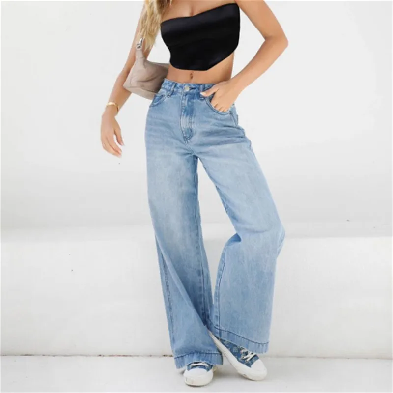 

DEWADBOW Wide Leg Loose Baggy Jeans Women Retro High Waisted Summer Long Denim Pants Trendy Mom Jeans Baggy Light / Deep Blue