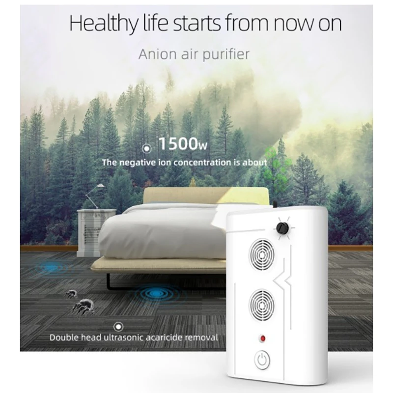 Очиститель воздуха домашний портативный 1500 Вт с отрицательными ионами, удаляющий дым и клещей, встроенный в туалет, американская вилка.