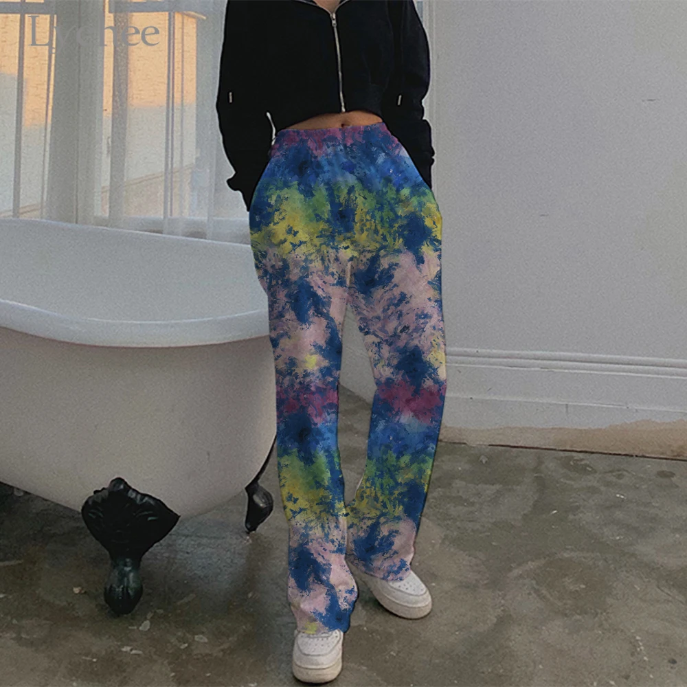 

Lychee Harajuku Tie Dye Print Women Trousers Elastic Waist Loose Casual Female Bottoms Wide Leg High Waist Fashion Autumn Pants