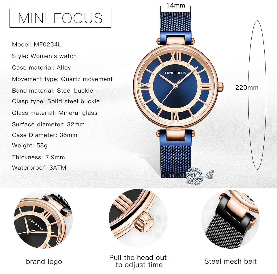 MINIFOCUS Элитный бренд Золотые женские часы Водонепроницаемый ультра тонкие