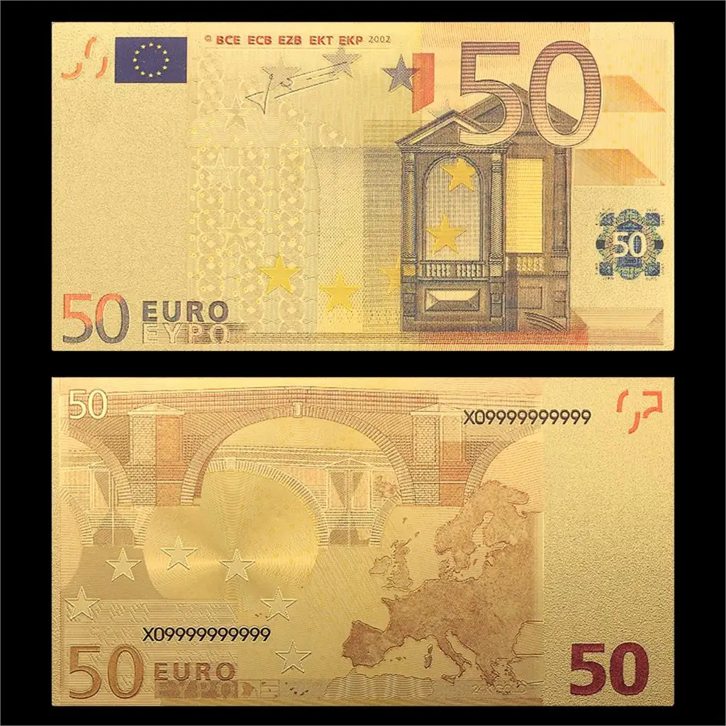 M006G-50 Цветные европейские золото banknotes 10 Банкноты евро в 24k Золотая фольга поддельные деньги для коллекции 5 20 50 100 200 500 Упаковка из 2 шт - Цвет: M006G-50