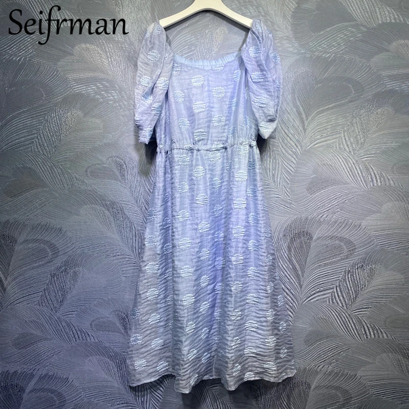 

Seifrmann Summer Women New 2021 Fashion DesignerParty A-Line Dress Sexy V-Neck Bow Embroidery Solid Printed Ladies Midi Dress