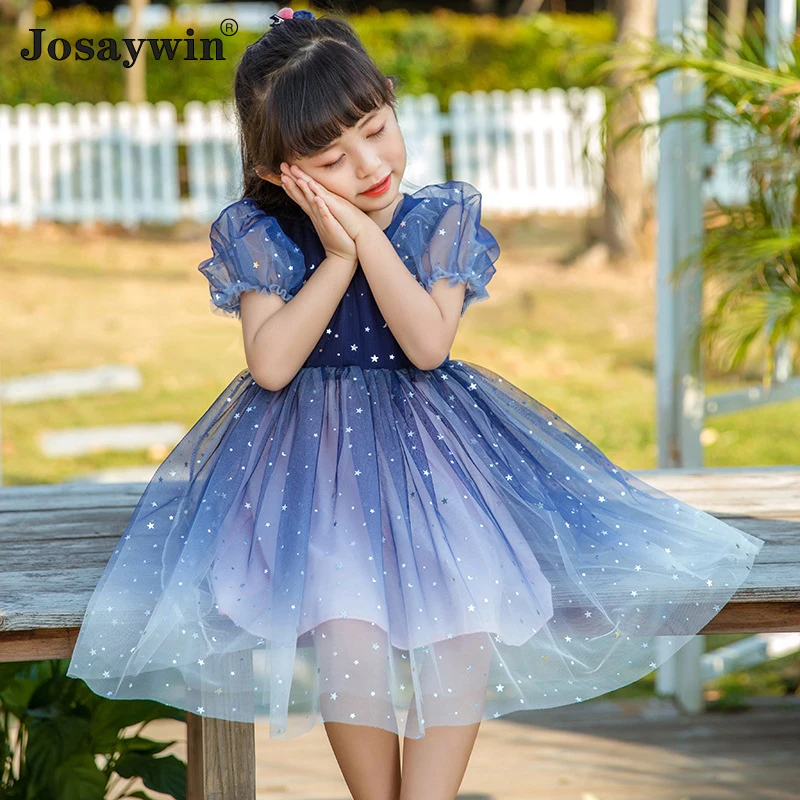 Vestido de malla con cielo estrellado para ni&ntilde;as, ropa de fiesta de princesa con manga abombada, nuevo estilo, 2021-2