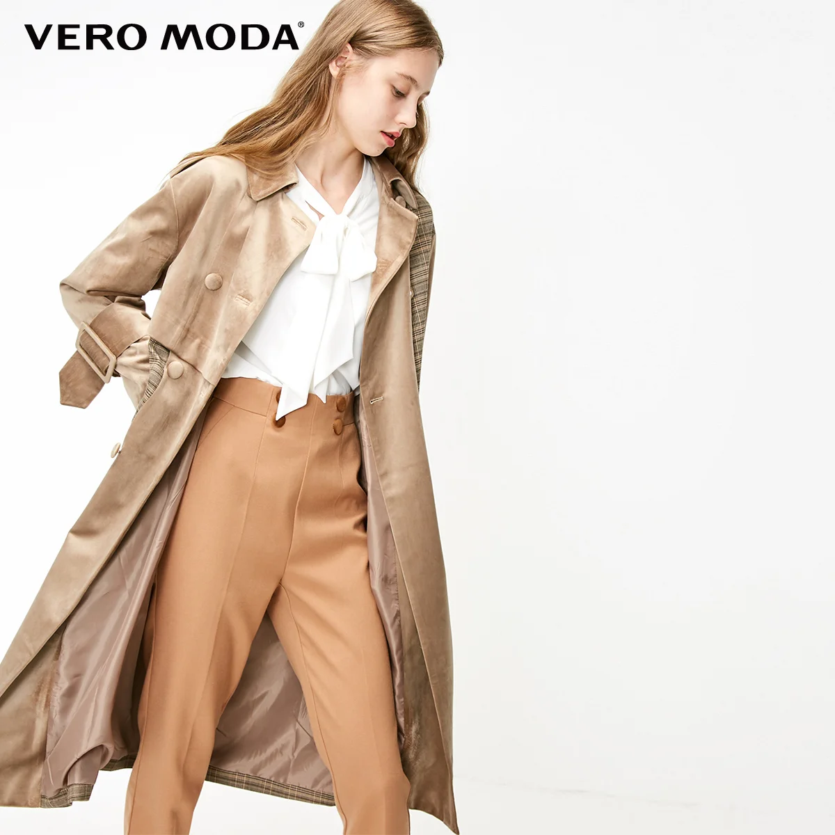 Vero Moda бархатный двубортный плащ в клетку кофта куртка женская| 318409507 - Цвет: Sand