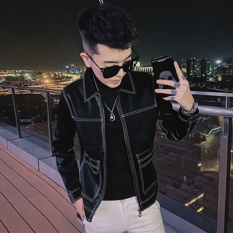 

Мужское пальто из искусственной кожи, корейский короткий кардиган с лацканами и длинными рукавами, кожаная куртка, весна-осень 2021