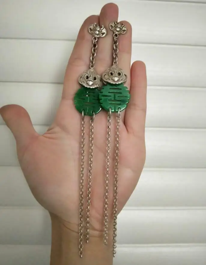 

a Pair Chinese Antique Tibetan Silver Hook Earrings Natural Jade Retro Jewelry