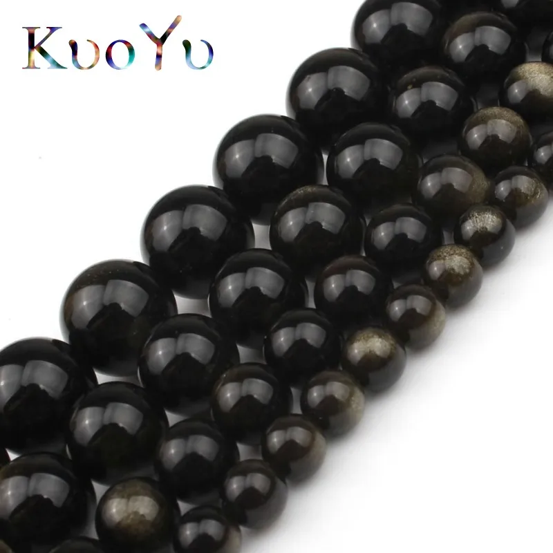 Натурального золото Обсидиан камень Круглый Свободные Spacer Бусины для