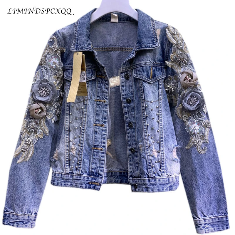 Brand Short Denim Jacket Woman 2021 Spring Autumn New Industrial Beads Embroidered Stereo Flowers Holes Jeans Coat Female Jacket