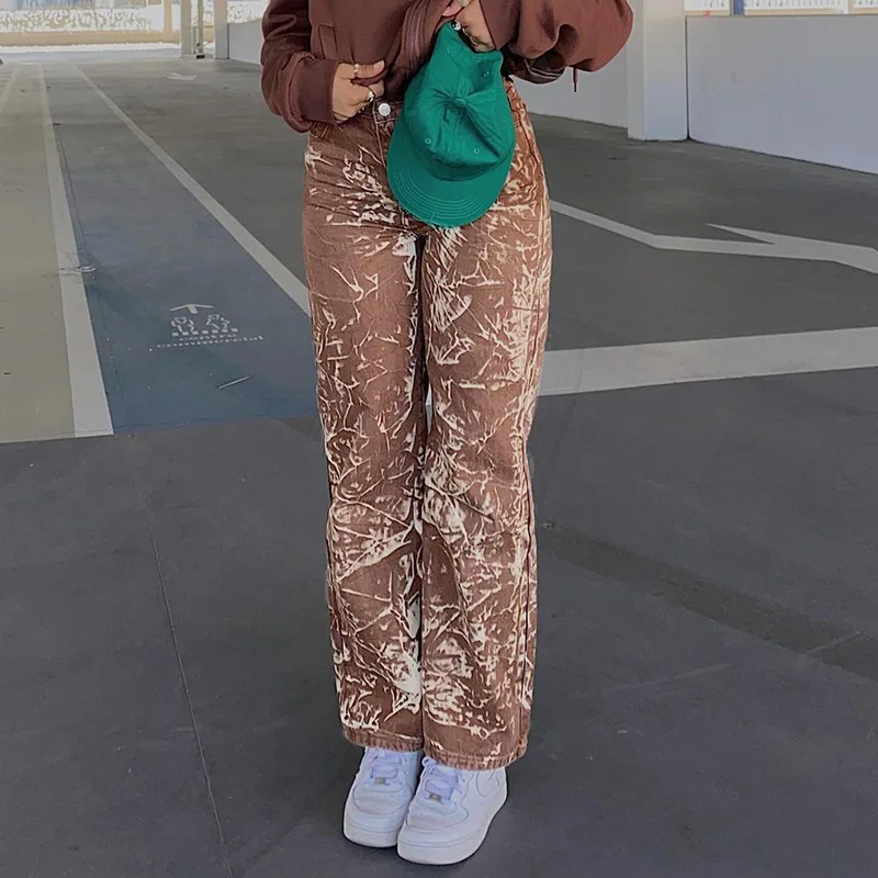 

2021 Summer New Irregular Washing Printing Contrast High Waist Straight Jeans and Pants Women