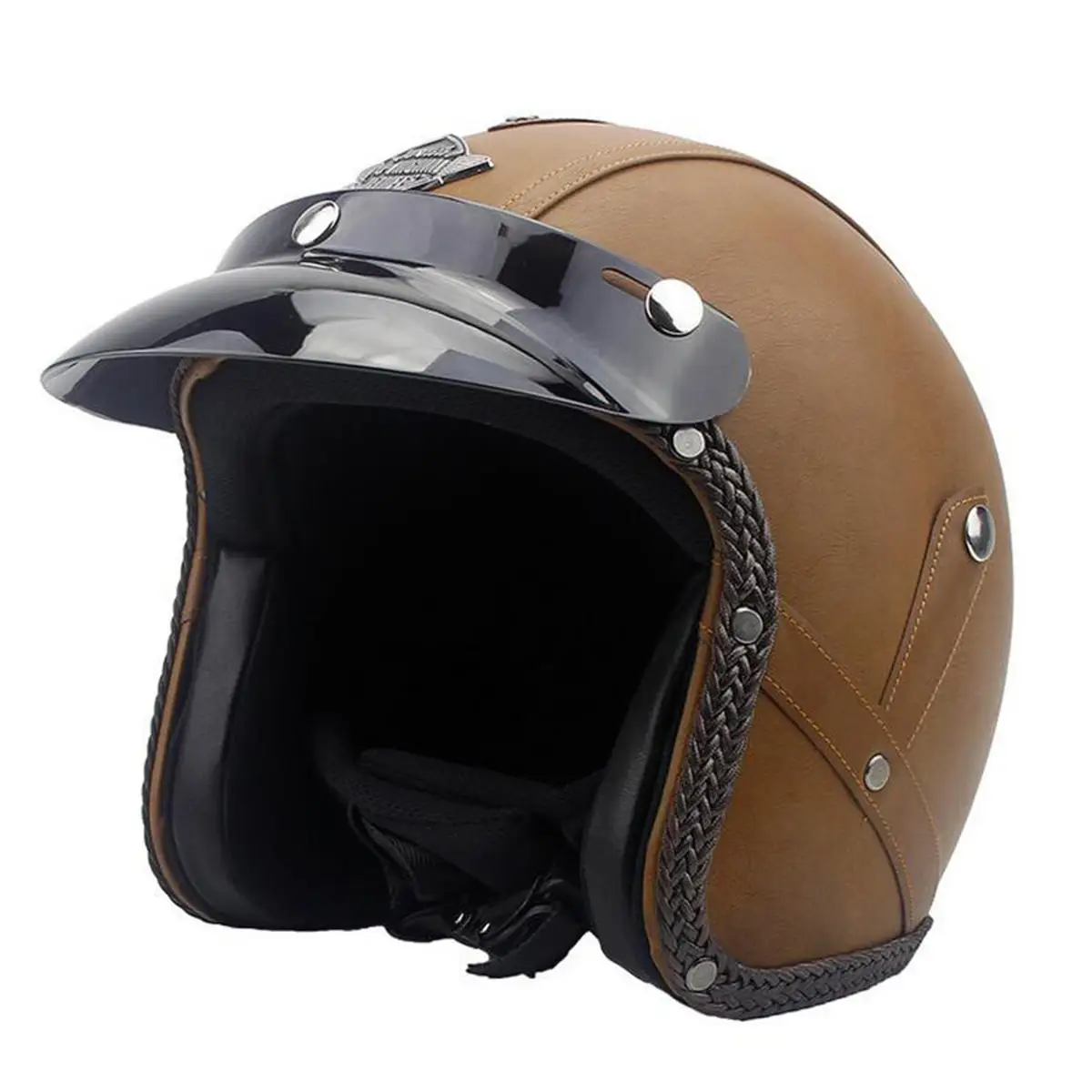 3/4 Face Vintage Leather Motorcycle Helmet Motorbike Scooter Crash Visor M L XL