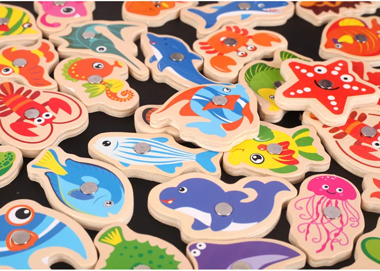 

40pcs Kids Magnetic Fishing Marine Fish Building Blocks Wooden toys Baby Wooden Early Training Fishing Game Education Toy Blocks