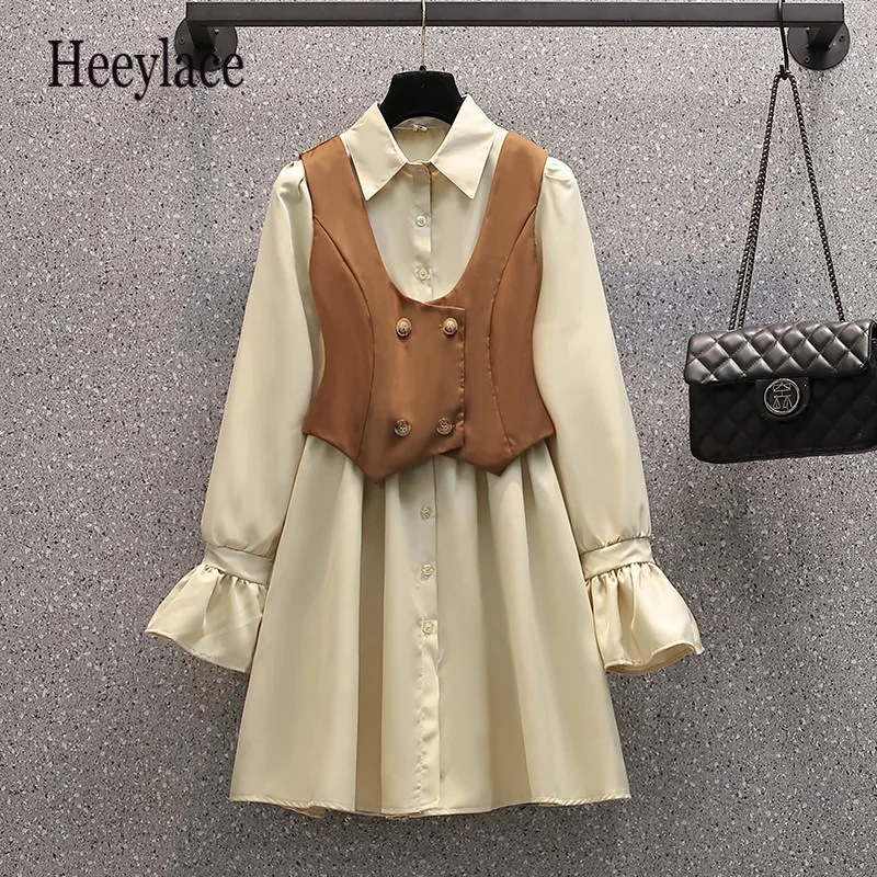

Women Elegant Vintage Two Pieces Set Korean Long Sleeve Polo Collar High Waist A-line Dresses And Vest Suits Sets