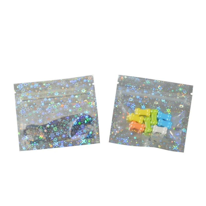 

100PCS Aluminum foil Color Silver Clear Rainbow Zipper Lock Bag Stars Pouch Mini Laser Reflective Gift Bag Holographic Packaging