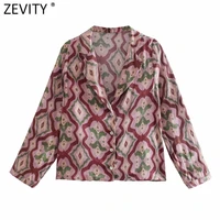 zevity women vintage geometric patchwork print short smock blouse elegant female chic single breasted shirts blusas tops ls9471