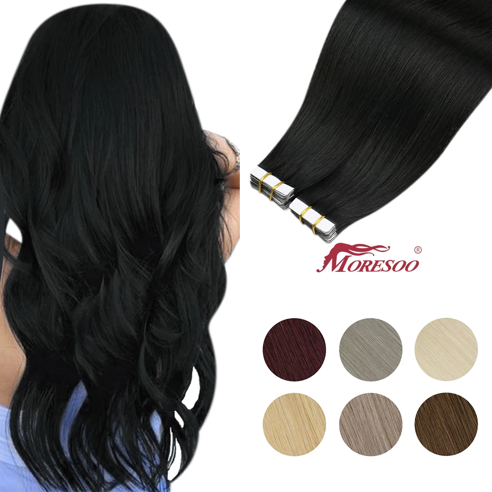 Moresoo Tape in Human Hair Extensions 26Inch 28 Inch Glue on Natural PU Remy Blonde Hair Black Pieces for Women Straight Hair