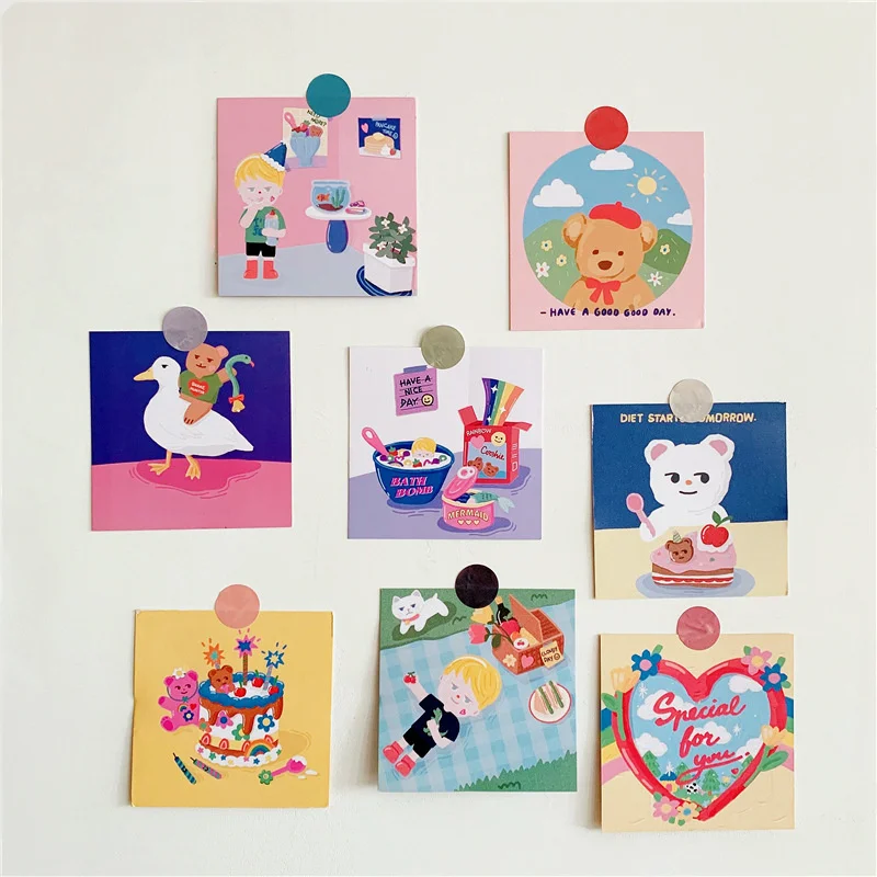 

Cartoon Cute Boy Bear Decorative Card Korean Ins Postcard Greeting Card Kawaii Illustration Diy Background Wall Sticker 8 Sheets