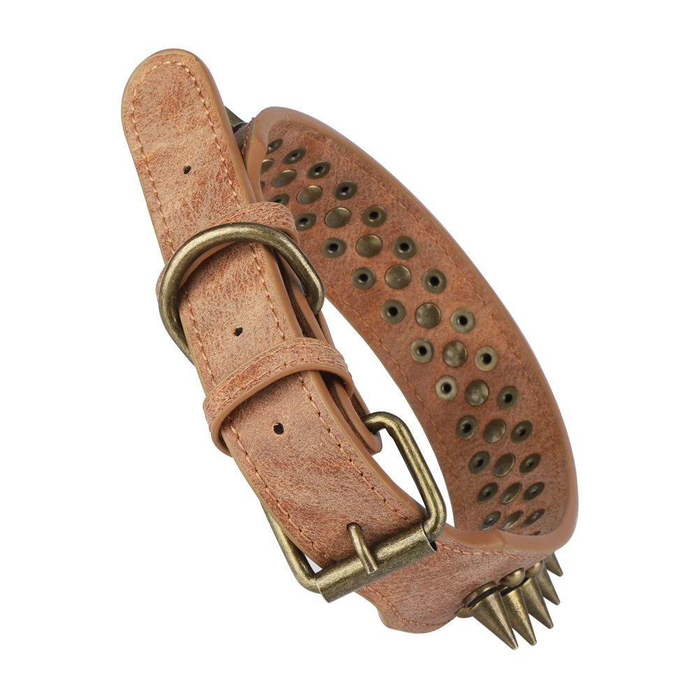 Широкий кожаный ошейник для собак с заклепками и шипами прочный регулируемый