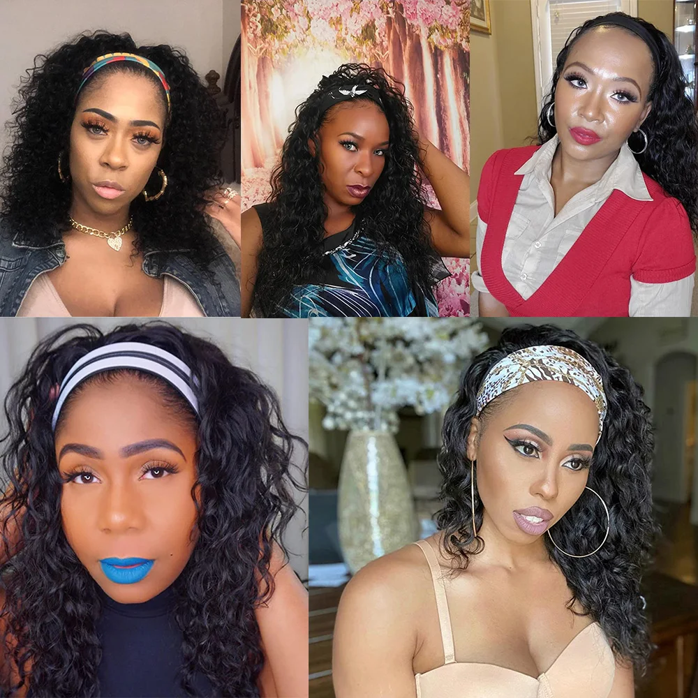 

Curly Headband Scarf Wigs Human Hair For Black Women Ombre Remy Brazilian Hair Wig Machine Made Human Hair Wigs Glueless