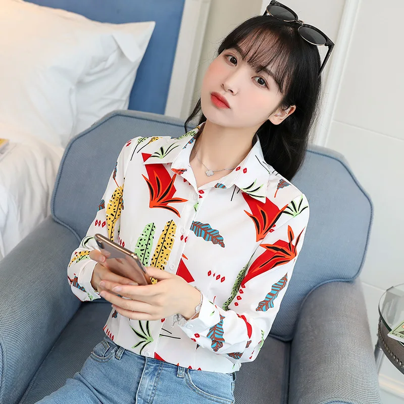 

2020 New Women Casual Blouse Spring Autumn Long Sleeve Slim Shirts Fashion Korean Flowers Print Shirts Top Female Chiffon Blouse