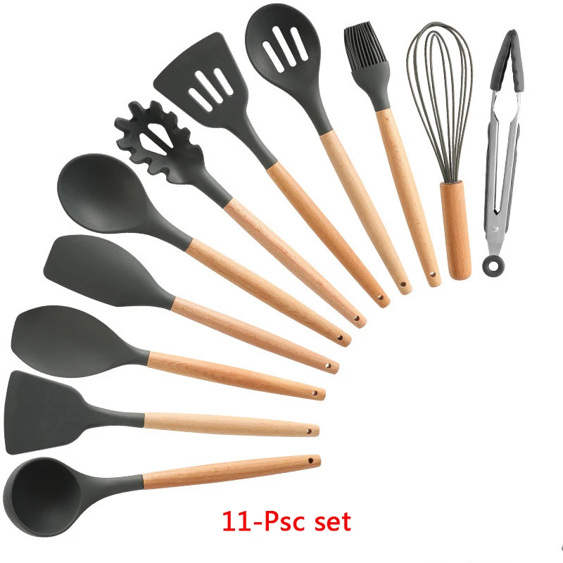 11-Pcs kitchen set Силиконовые набор для кухни 11/12/13 шт, кухонный набор,набор кухонных принадлежностей, антипригарным,деревянной с лопатки, ложка,половник,Кухня инструменты,кухонная утва,серый,кухонные принадлежности из силикона - Цвет: 11-Pcs kitchen set