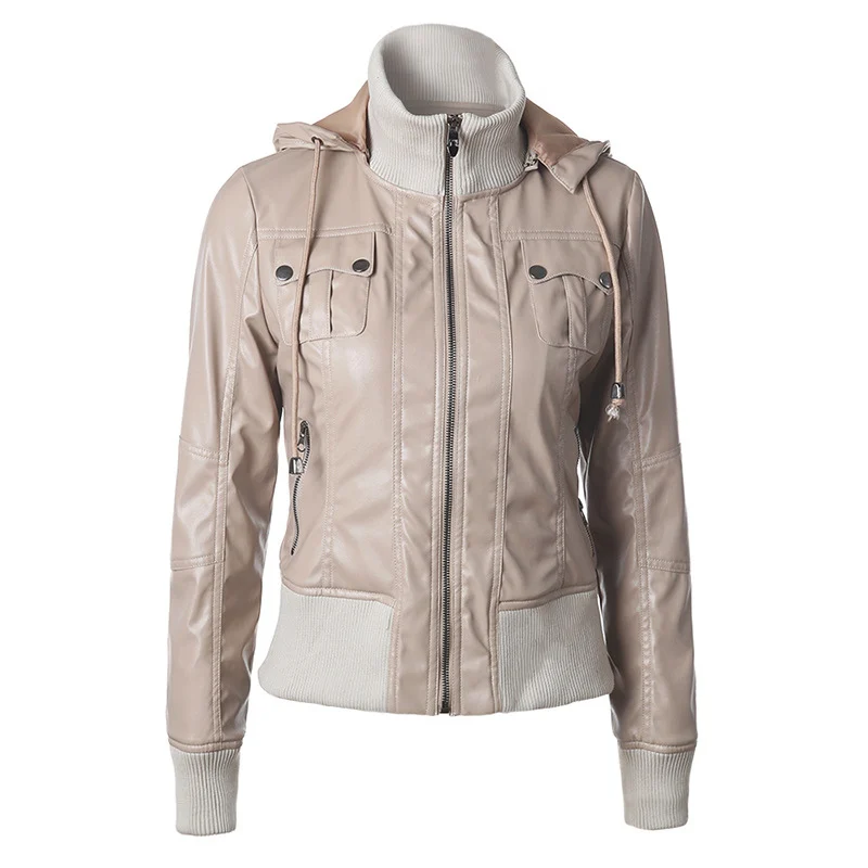 Женская мотоциклетная куртка осенняя из искусственной кожи с капюшоном