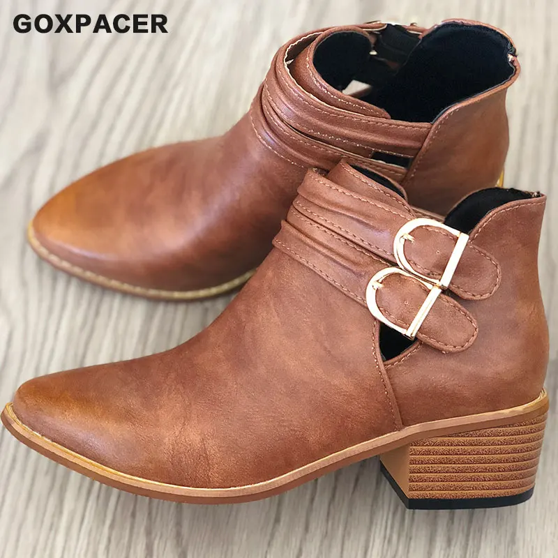 GOXPACER/Винтажные ботинки женская обувь из искусственной кожи с пряжкой женские