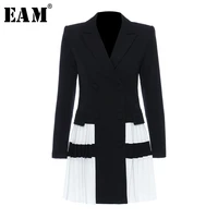 eam women black contrast color pleated blazer new lapel long sleeve loose fit jacket fashion tide spring autumn 2021 1t306