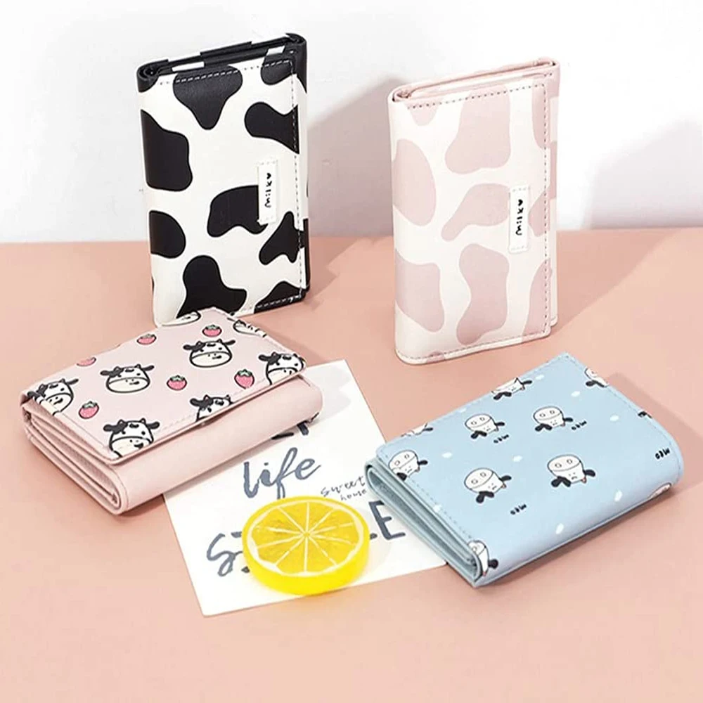 

Girls Cute Cow Print Tri-folded Key Case Wallet PU Leather Cartoon Short Wallet Cash Pocket Card Holder Purse Coin Purse