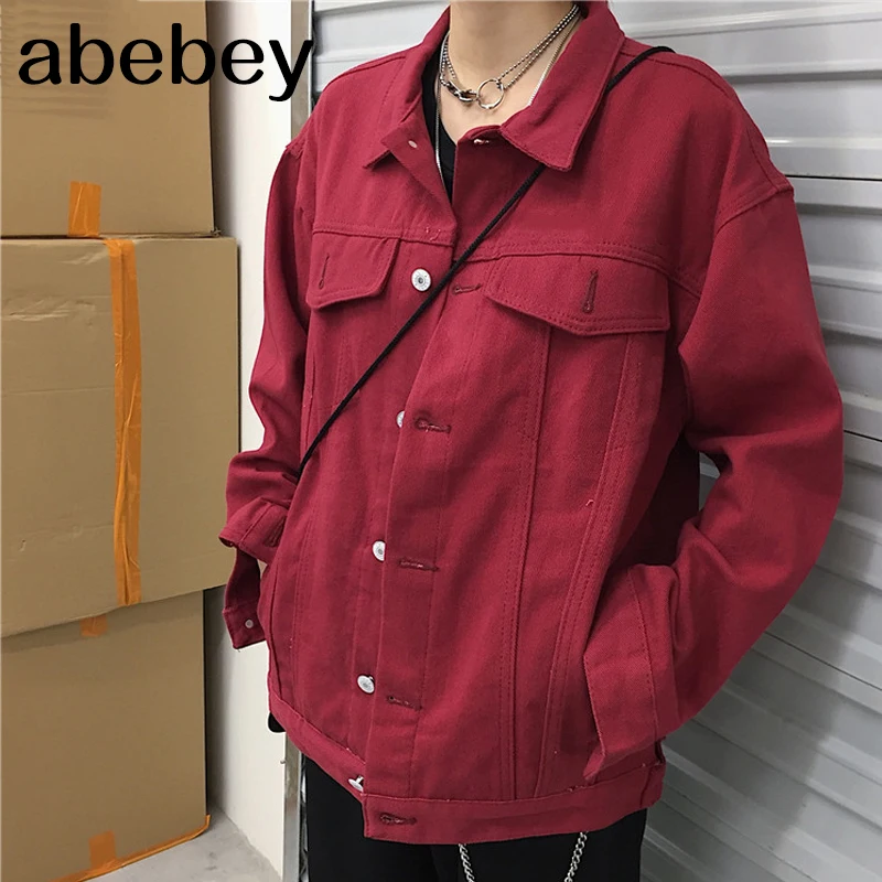 Женское джинсовое пальто винно красного цвета базовая Свободная куртка в