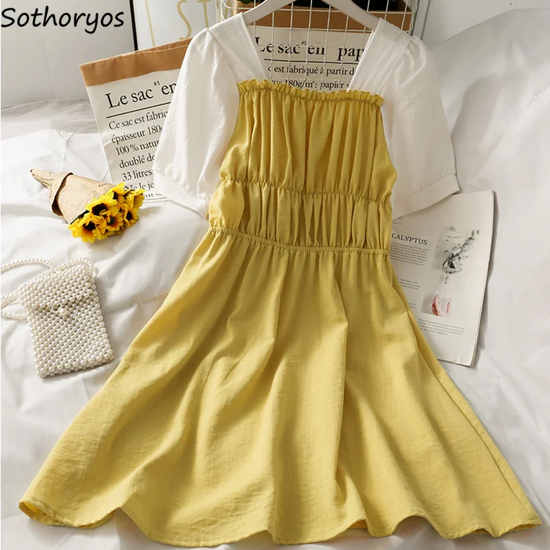 

Short Sleeve Dress Women Patchwork Chic Trendy Empire Square Collar Elegant Fairy Folds Sweet Streetwear Retro Ulzzang A-line