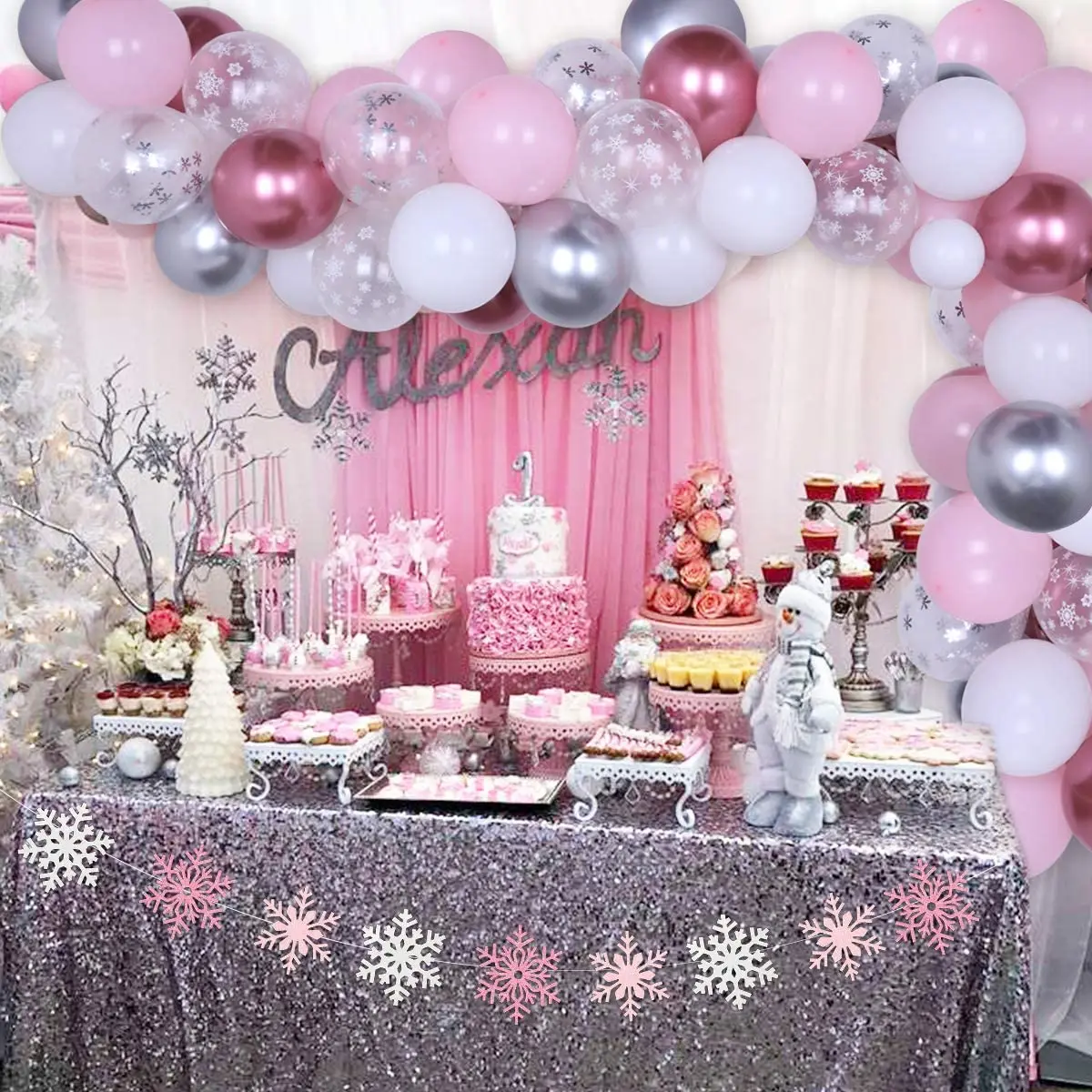 

Frozen Theme 1st Birthday Party Snowflake Balloon Garland Arch Kit Pink Sliver Banner for Birthday Party Baby Shower Decoration