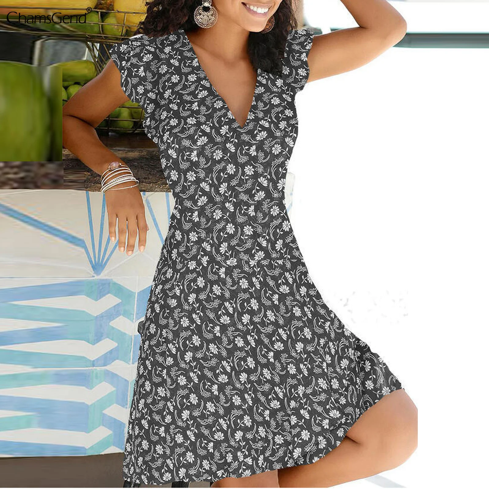 

Dress Women 2021 Summer V-neck Flower Print Short-sleeved Zipper Pullover Dresses Vestidos Elegant Vintage Dresses Femme Robe