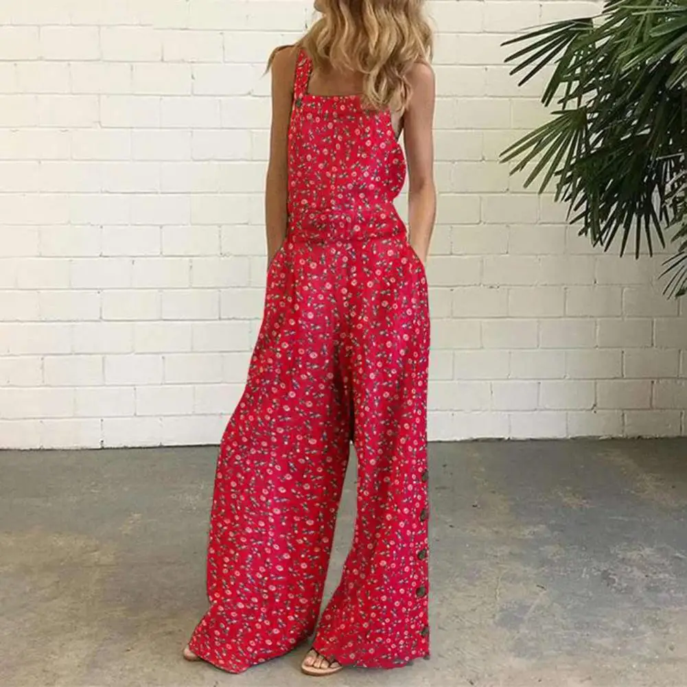 

Summer Ladies Casual Romper Floral Print Sling Backless Loose Soft Jumpsuit Women Overall 2021 Side Buttons Loose Sling Rompers