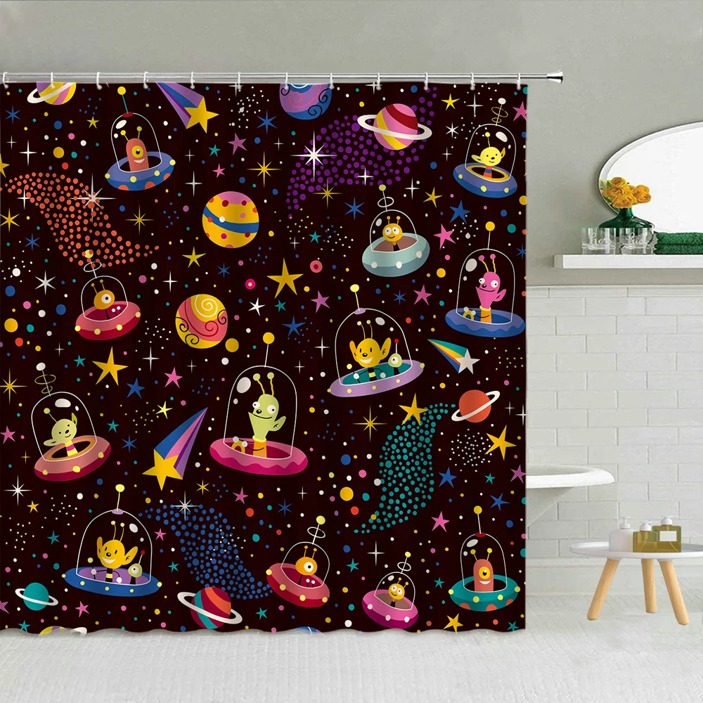 

Beautiful Starry Shower Curtain Planet Meteorite Astronaut Night Space Landscape Fantasy Abstract Bathroom Home Decor Curtains
