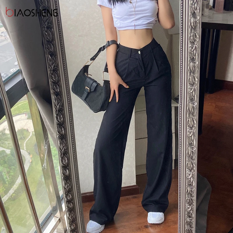 

Women's Pants Capris 2021 High Waist Trouser Suits Fashion Loose Flare Wide Leg Pants Full Length Female Casual Straight Pants